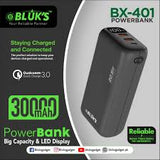 BLUK'S BX-401 is a 30,000mAh power bank featuring Qualcomm 3.0 Quick Charge and PD 22.5W technology. It has a large capacity suitable for multiple charges of smartphones and tablets.